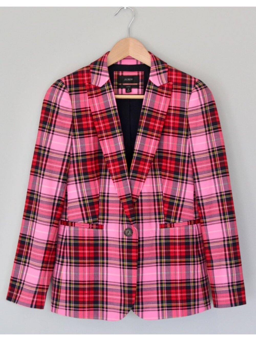 J. CREW Parke Blazer in Pink Stewart Tartan Plaid Wool Blend, Size 4